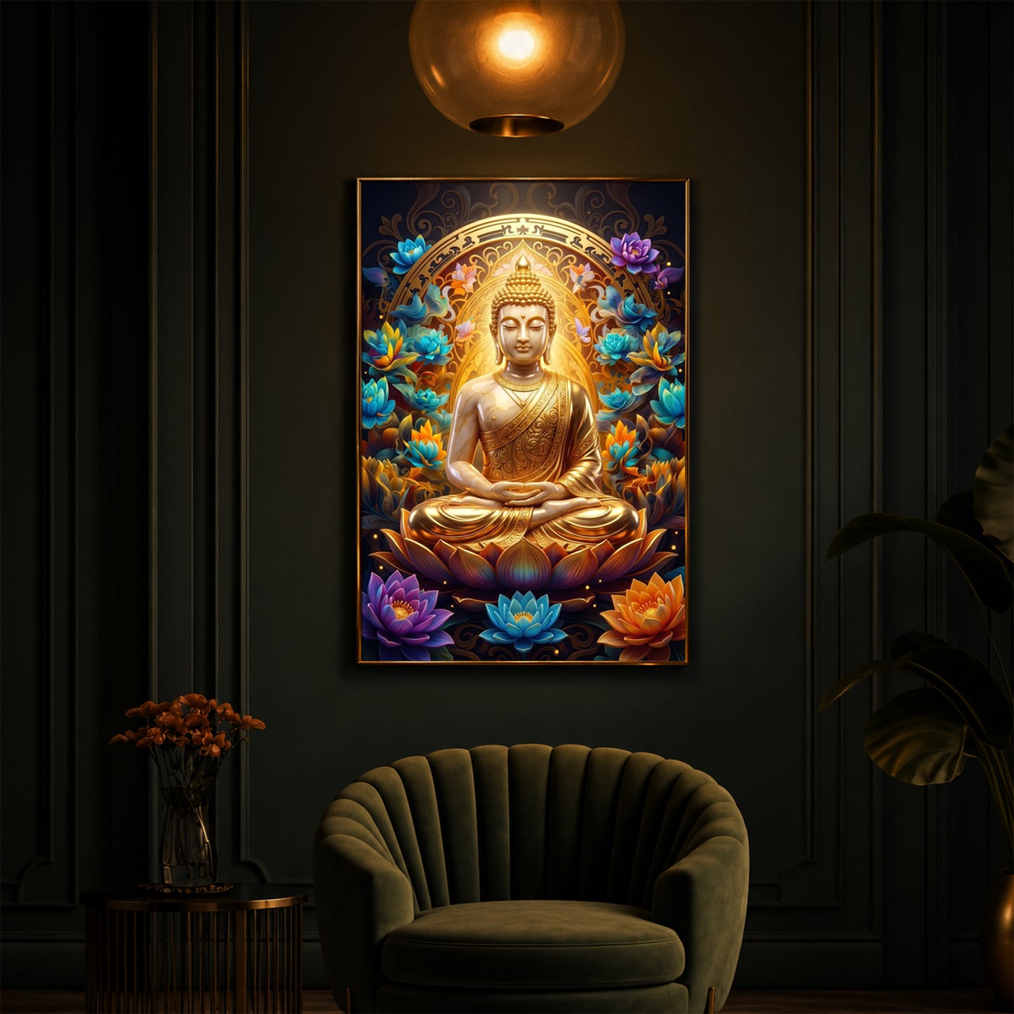 Meditating Gautam Buddha Modern Luxury Backlight Vertical Wall Art