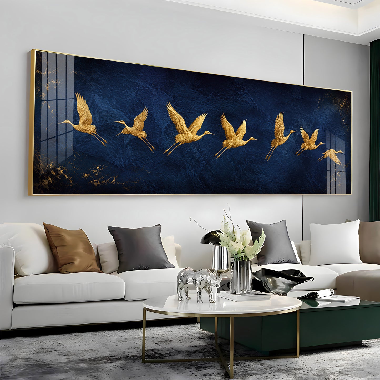 Golden Flying Cranes Dark Blue Premium Acrylic Horizontal Wall Art