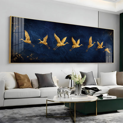 Golden Flying Cranes Dark Blue Premium Acrylic Horizontal Wall Art