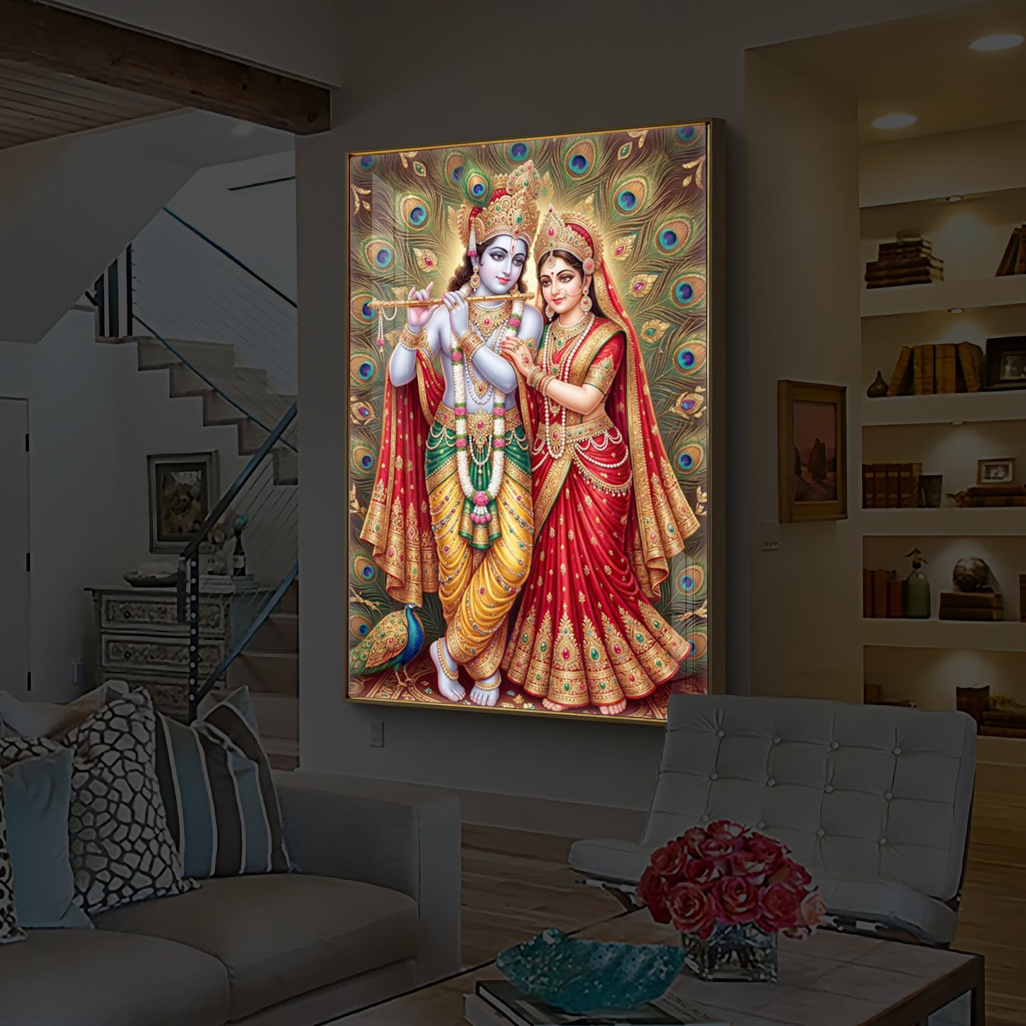 Radha Krishna Divine Bliss Modern Luxury Backlight Vertical Wall Art