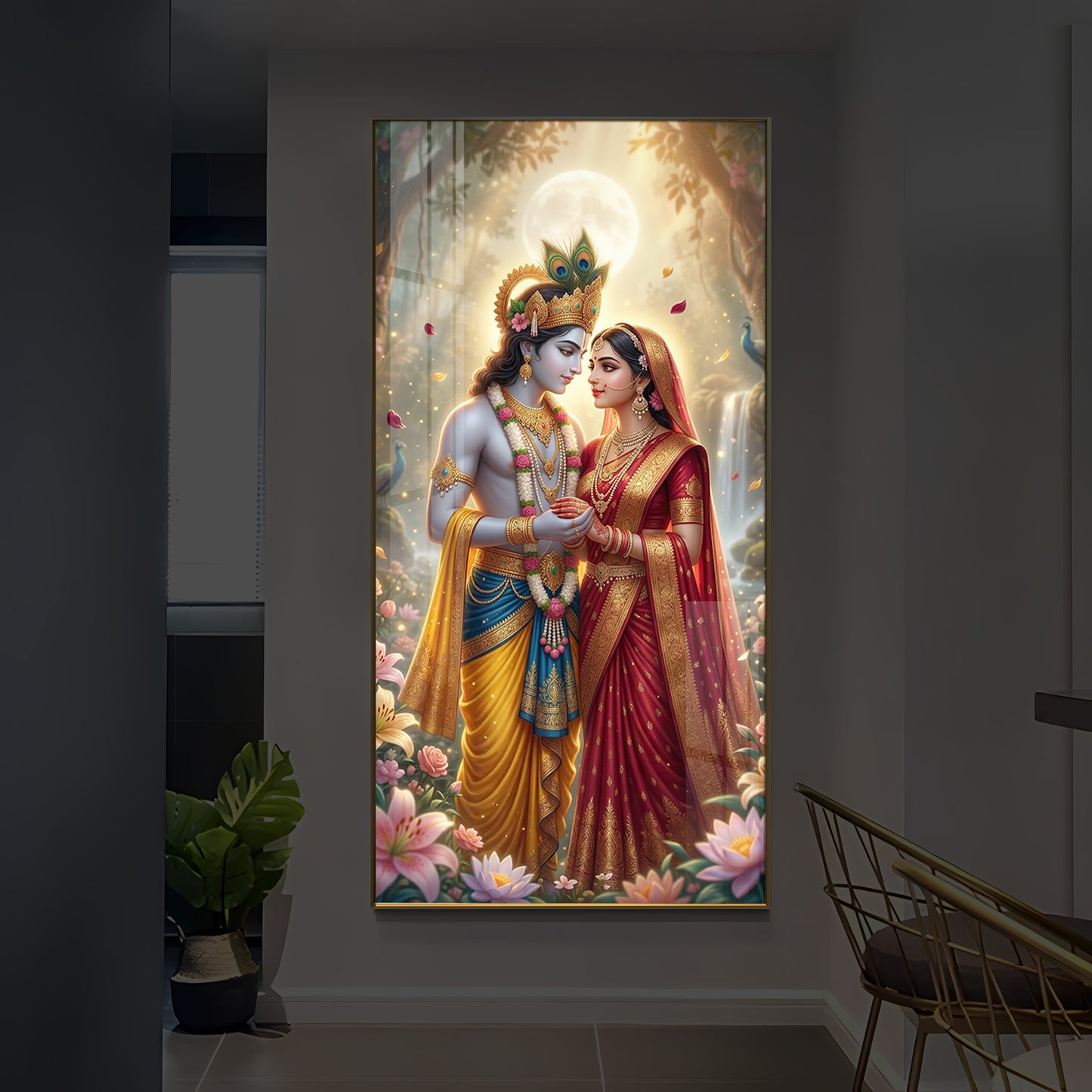 Loving Radha Krishna Ji Modern Luxury Backlight Vertical Wall Art
