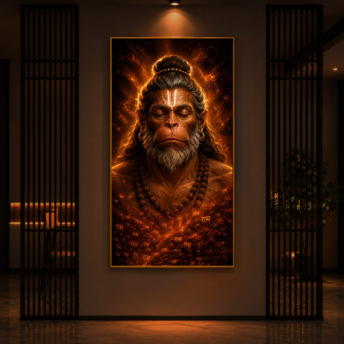 Divine Bajrangbali Meditating Modern Luxury Backlight Vertical Wall Art