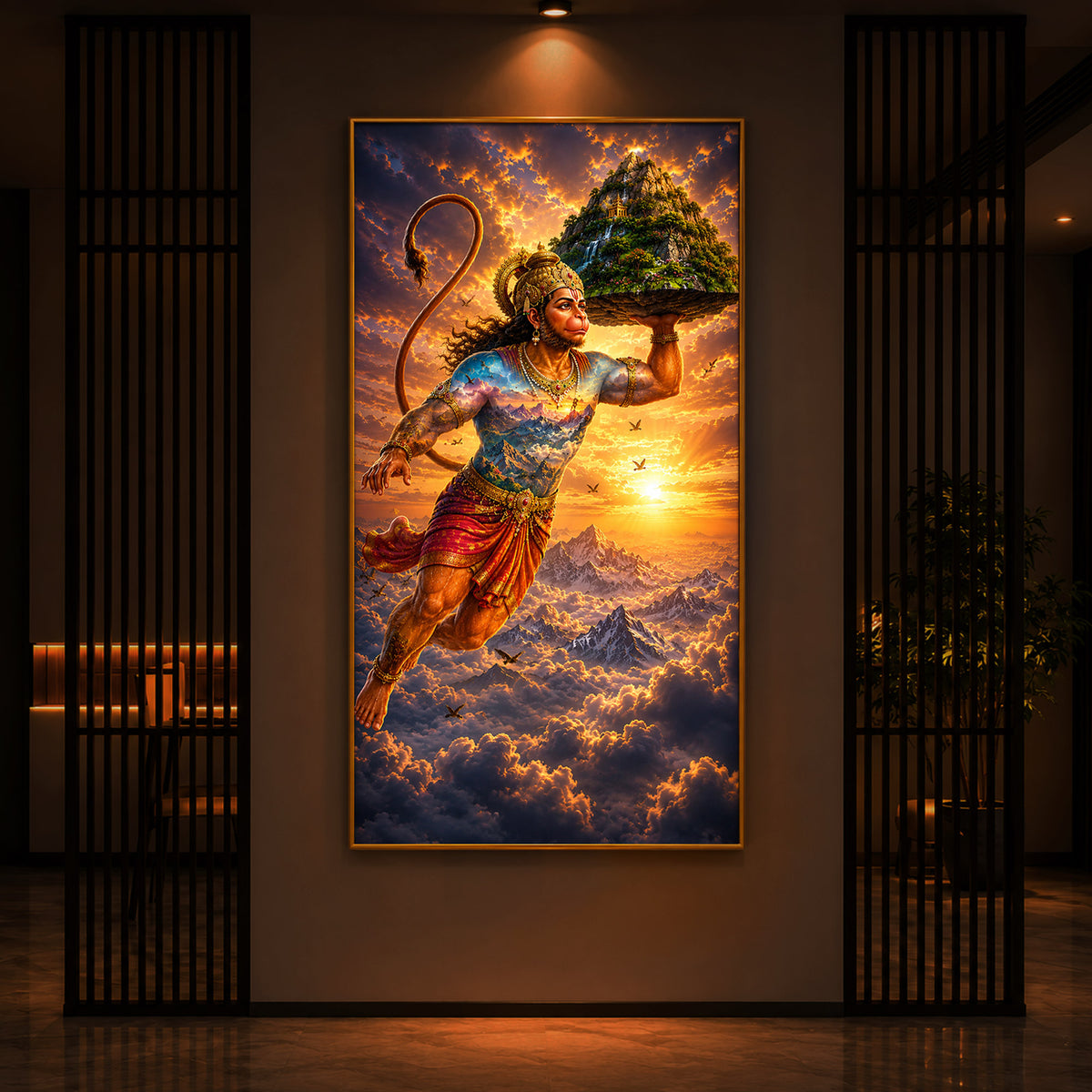 Lord Hanuman Carrying Sanjeevani Mountain Modern Luxury Backlight Vertical Wall Art