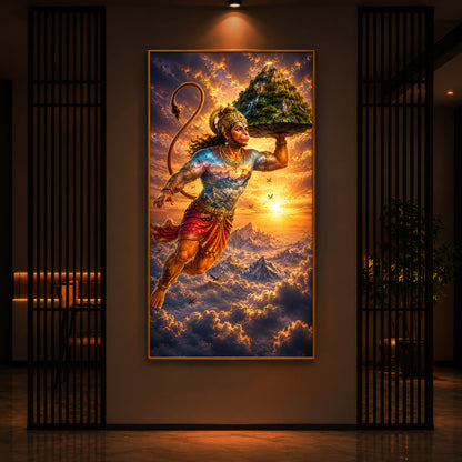Lord Hanuman Carrying Sanjeevani Mountain Modern Luxury Backlight Vertical Wall Art