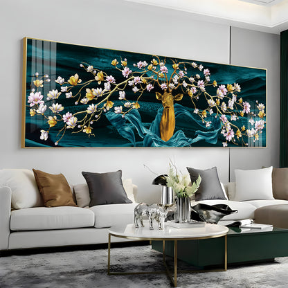 Golden Deer With Flowering Premium Acrylic Horizontal Wall Art