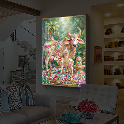 Kamadhenu Cow With Shiv Ji Modern Luxury Backlight Vertical Wall Art