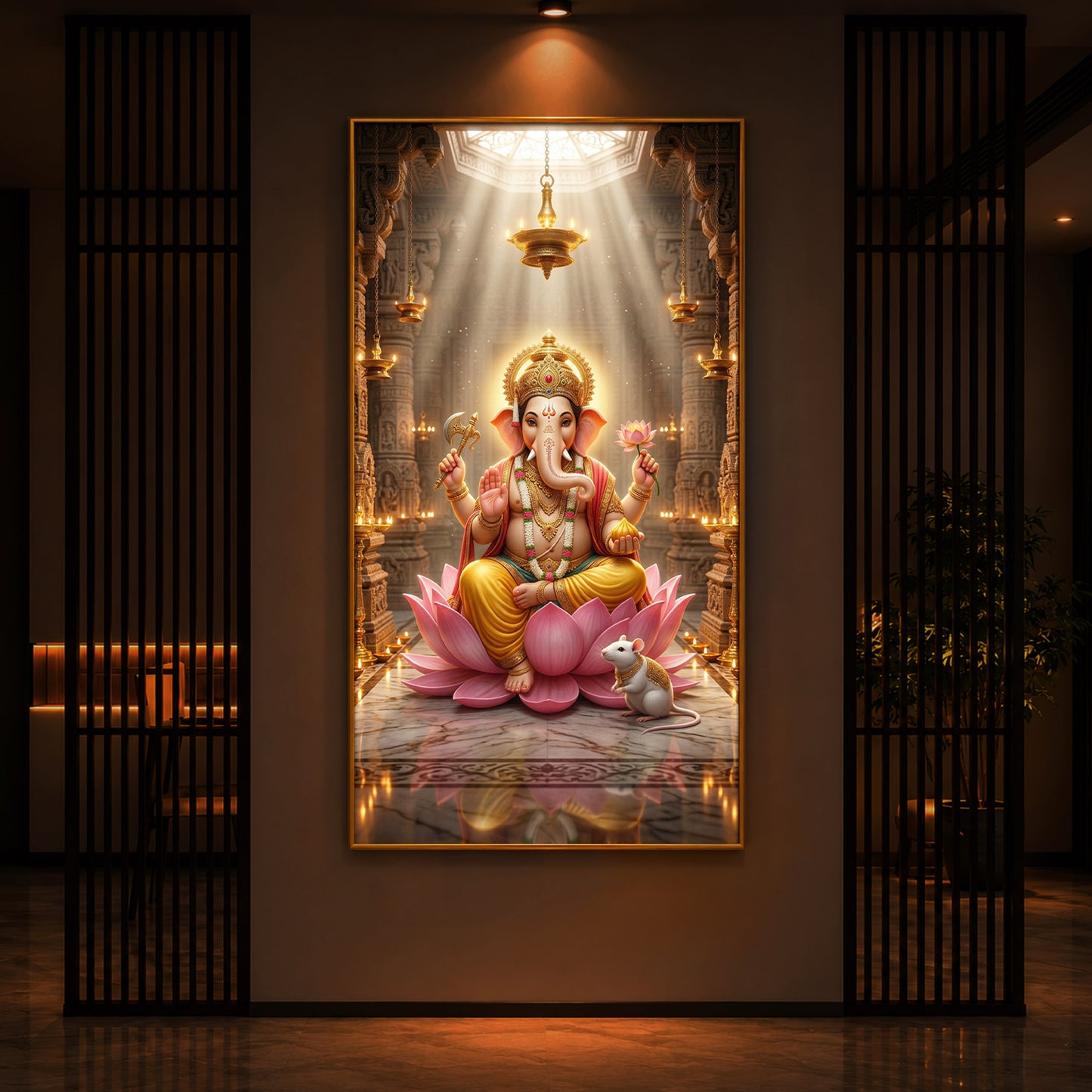 Lord Ganesh Ji On Lotus Modern Luxury Backlight Vertical Wall Art