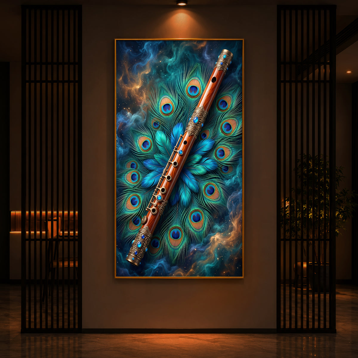 Flute With Peacock Feather Modern Luxury Backlight Vertical Wall Art