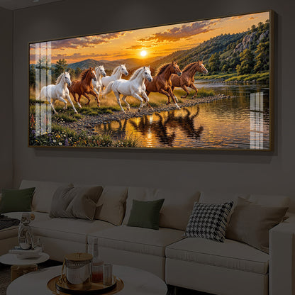 Seven Running Horses With Sunset Splash Modern Luxury Backlight Horizontal Wall Art