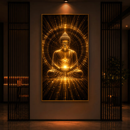 Golden Buddha Meditation Posture Modern Luxury Backlight Vertical Wall Art