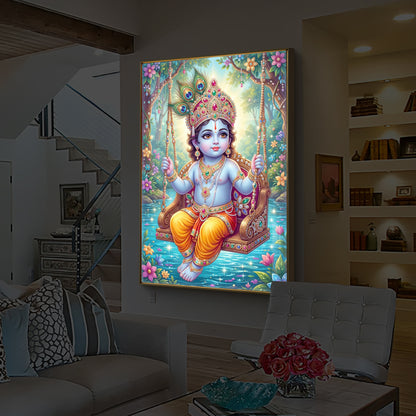 Divine Lord Krishna Modern Luxury Backlight Vertical Wall Art