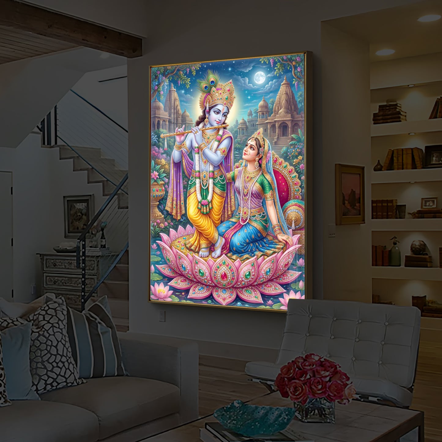 Goddess Radha and God Krishna Modern Luxury Backlight Vertical Wall Art