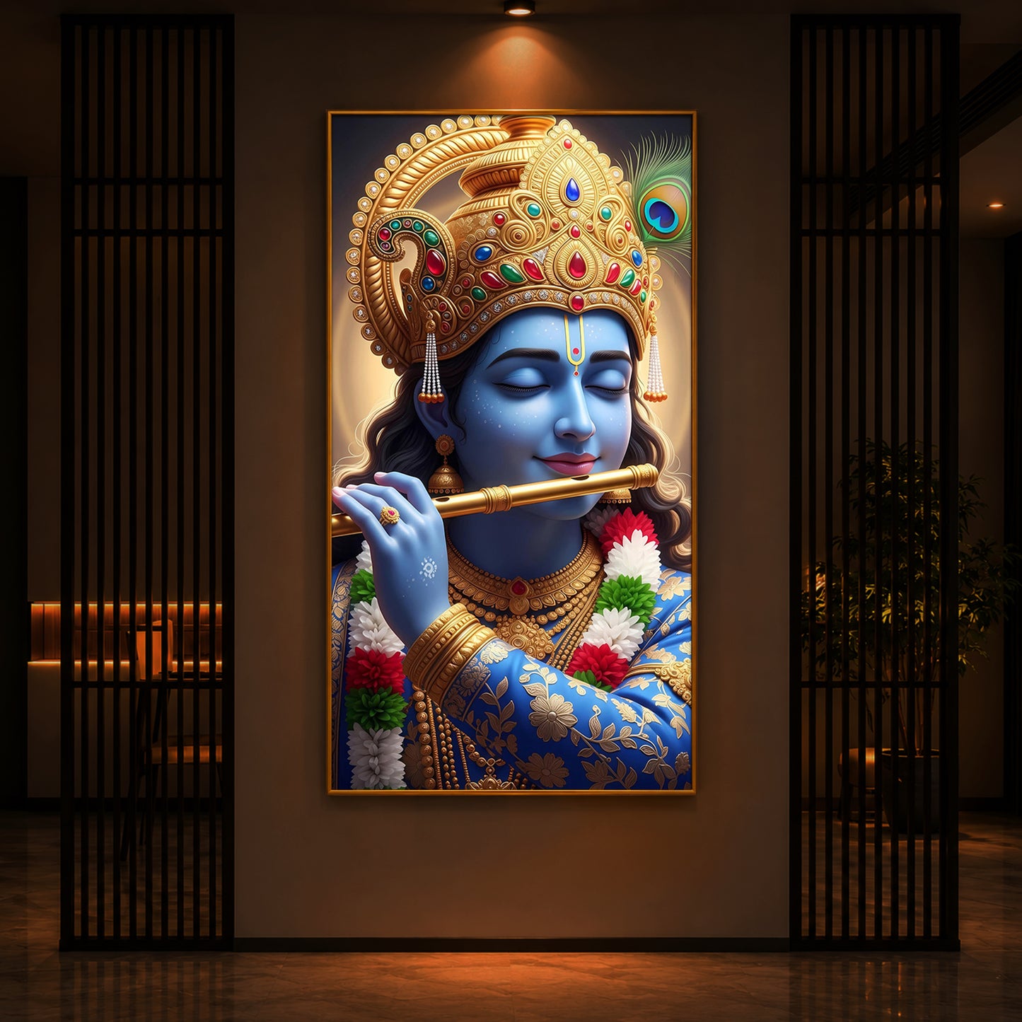 Lord Krishna Modern Luxury Backlight Vertical Wall Art
