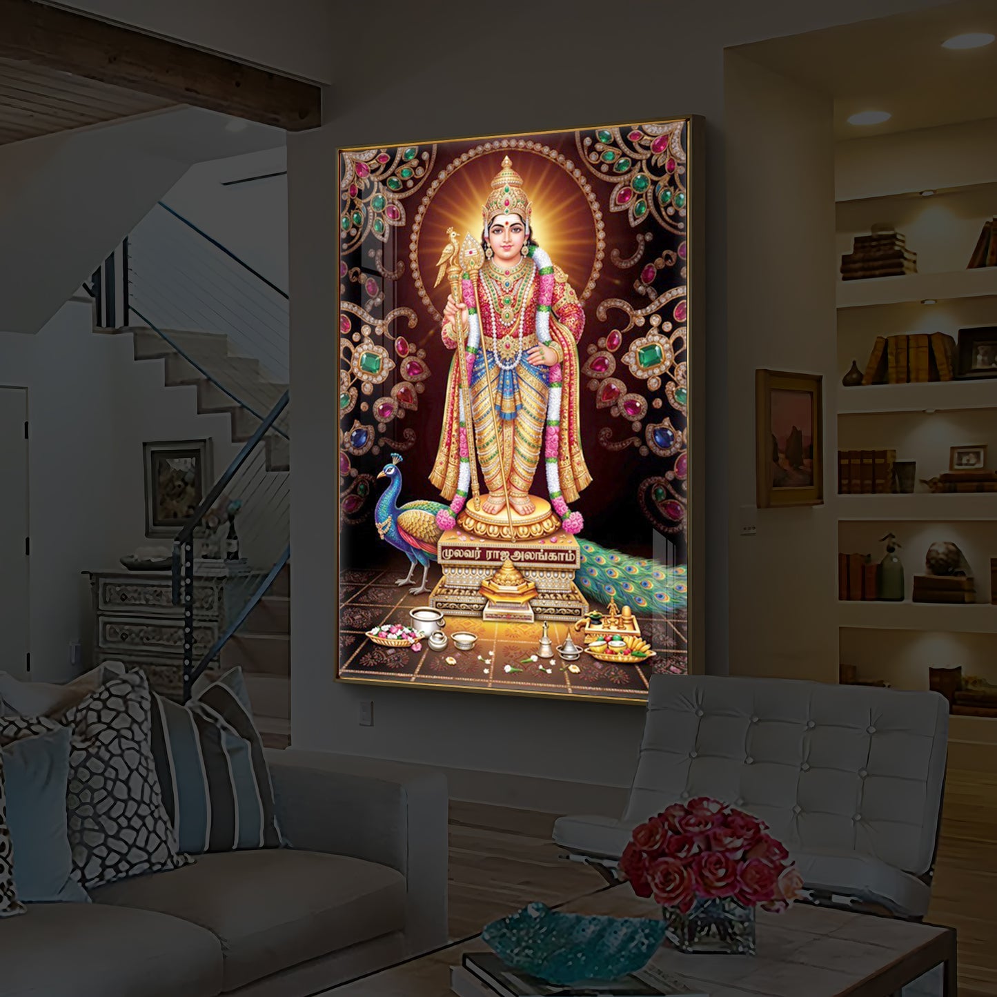 Lord Murugan With Peacock Modern Luxury Backlight Vertical Wall Art