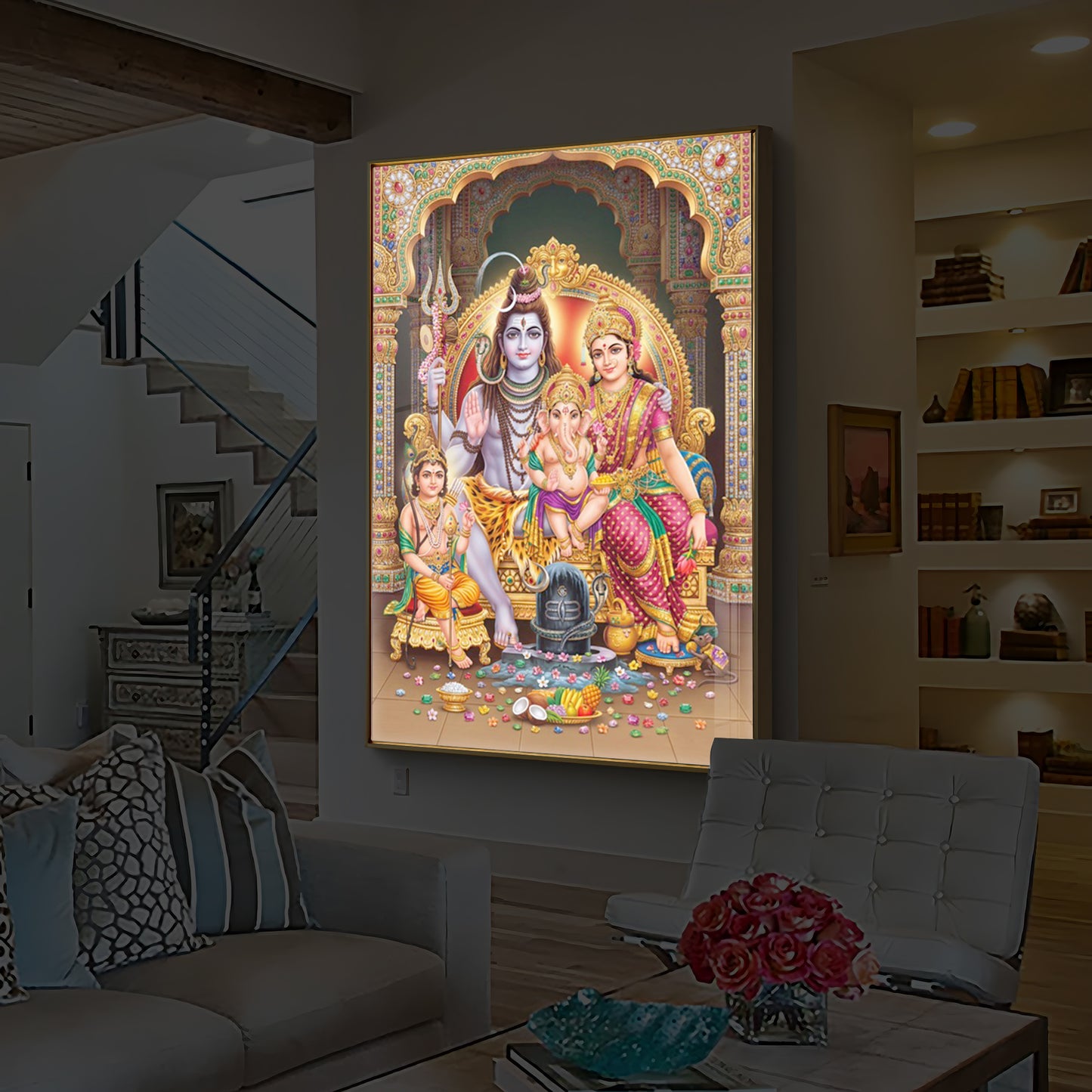 Shiva Parivar Modern Luxury Backlight Vertical Wall Art