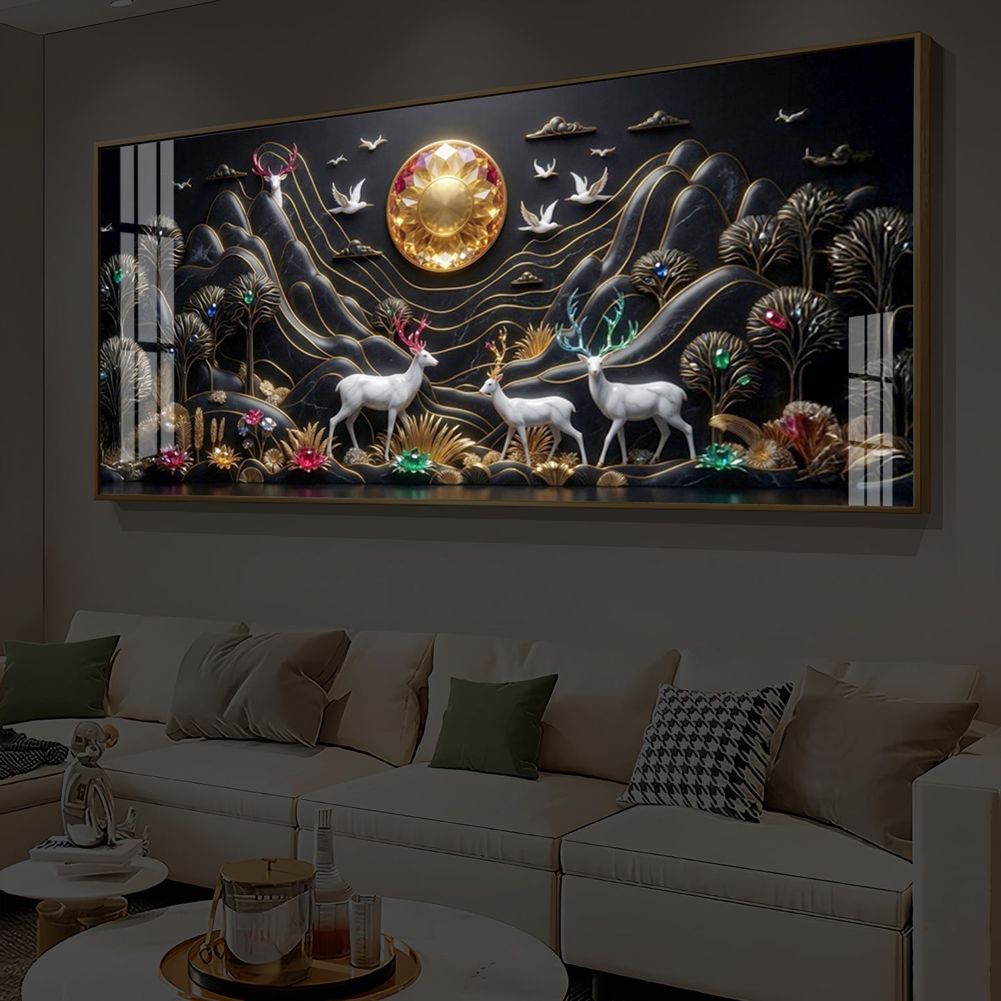 White Deer With Family Modern Luxury Backlight Horizontal Wall Art
