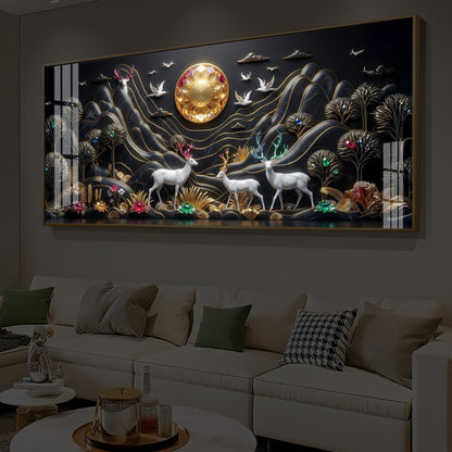 White Deer With Family Modern Luxury Backlight Horizontal Wall Art