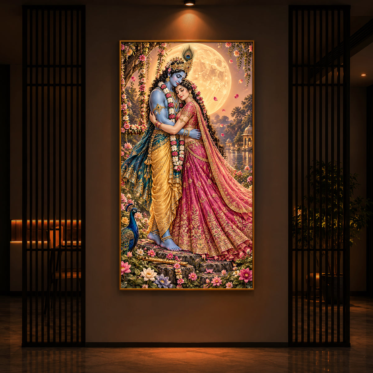 Divine Love of Krishna Radha Modern Luxury Backlight Vertical Wall Art