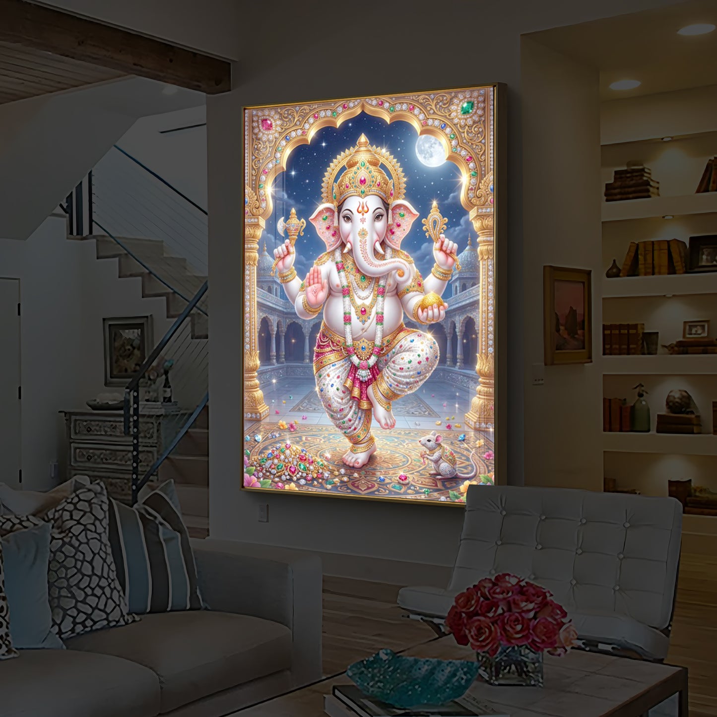 Hindu Shree Ganesh Modern Luxury Backlight Vertical Wall Art
