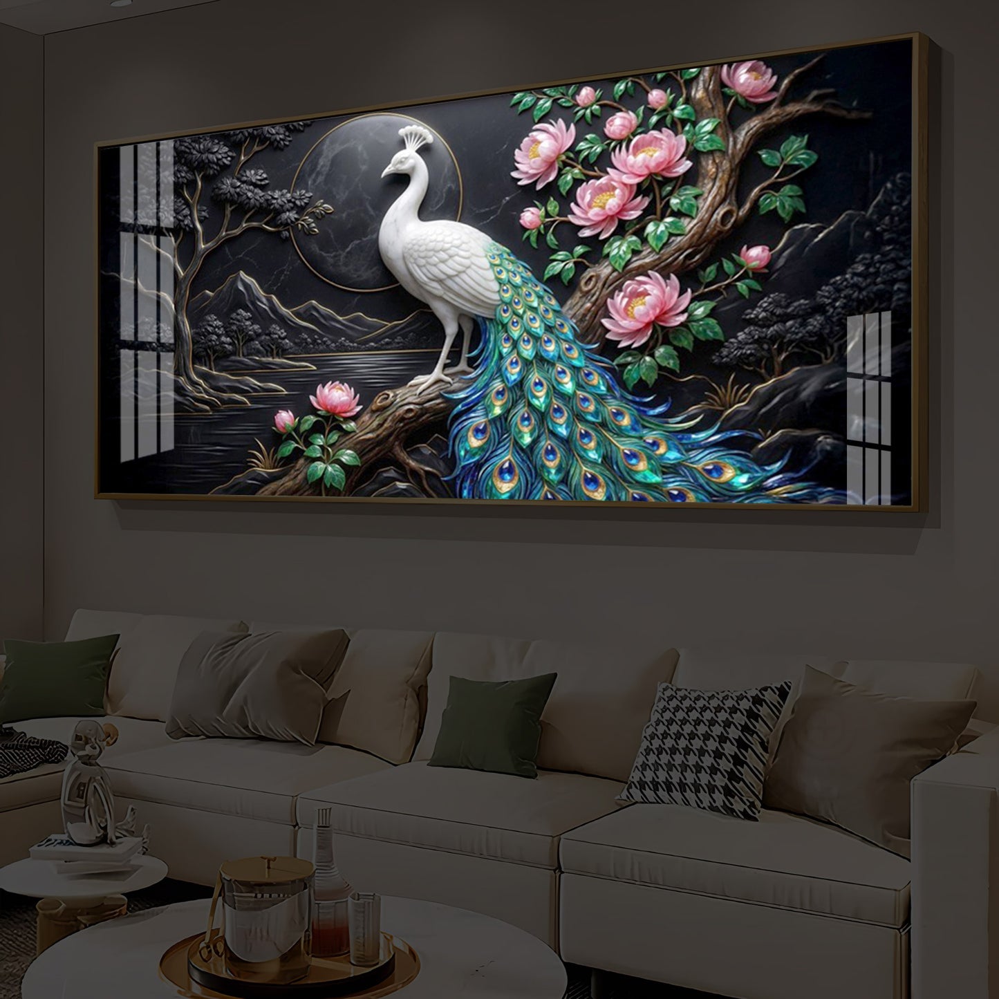 White Peacock With Flowers Modern Luxury Backlight Horizontal Wall Art