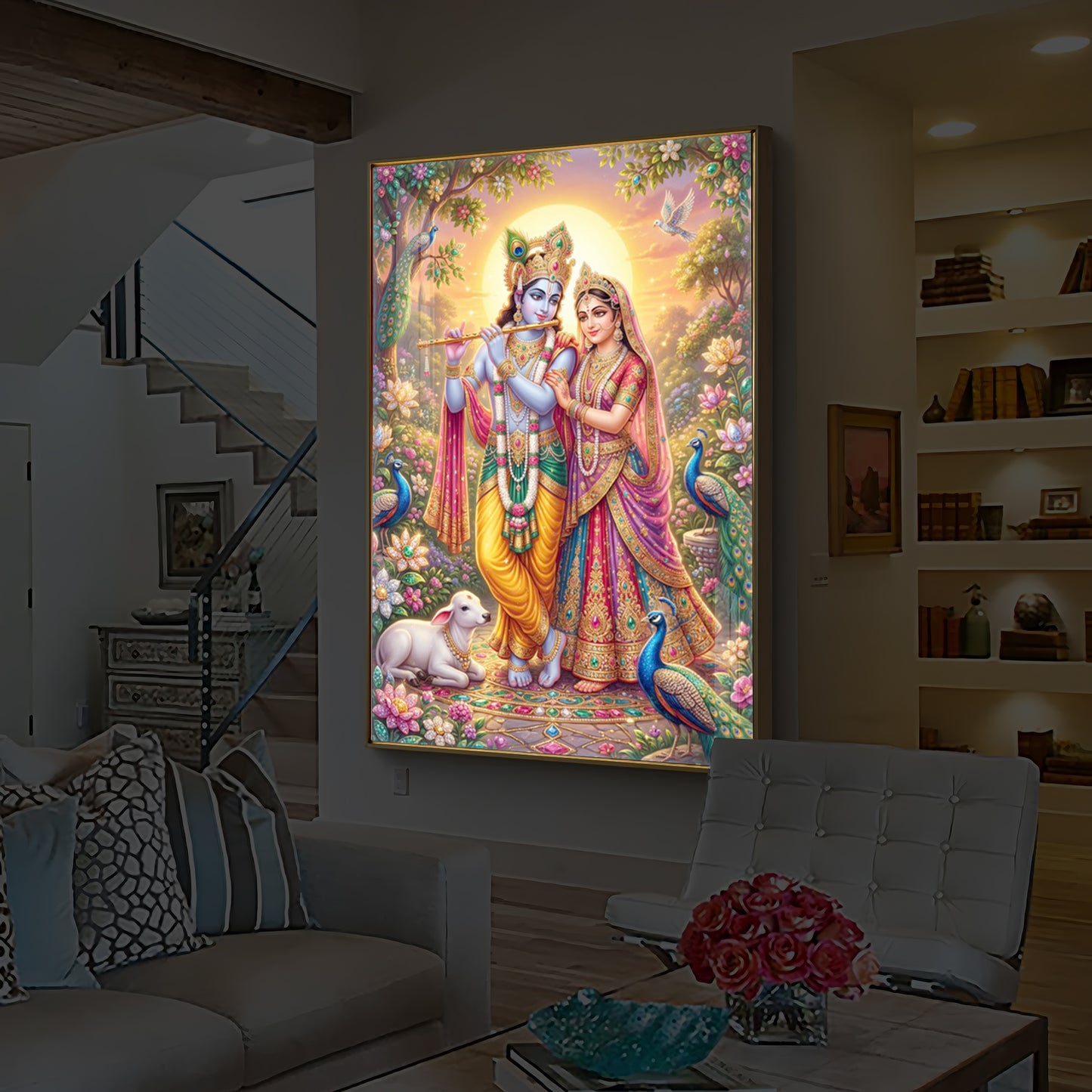 Radha Krishna Divine Harmony Modern Luxury Backlight Vertical Wall Art