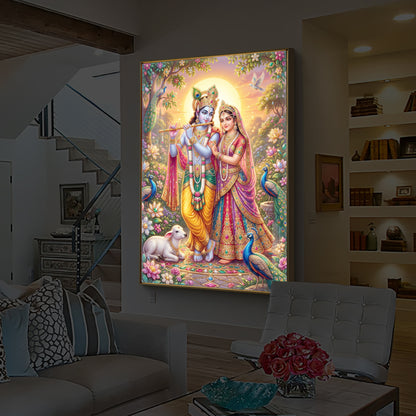 Radha Krishna Divine Harmony Modern Luxury Backlight Vertical Wall Art