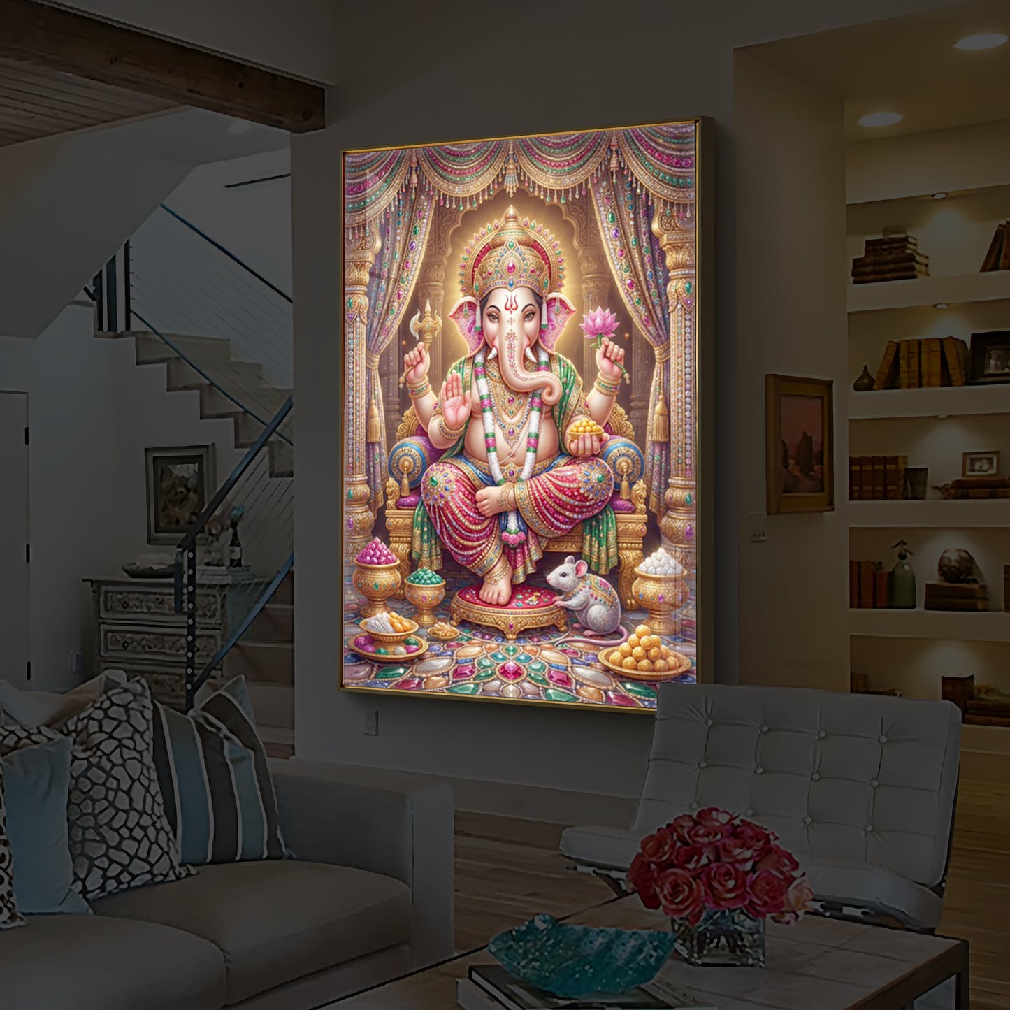 Shree Ganesh Darbar Modern Luxury Backlight Vertical Wall Art