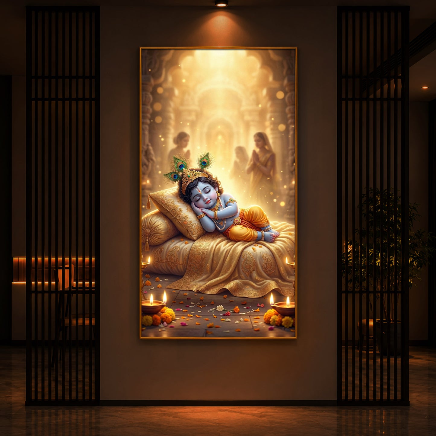 Sleeping Little Krishna Ji Modern Luxury Backlight Vertical Wall Art