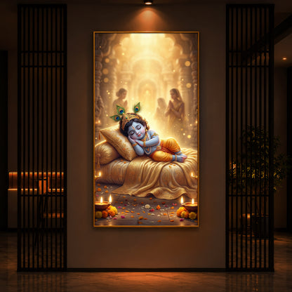Sleeping Little Krishna Ji Modern Luxury Backlight Vertical Wall Art