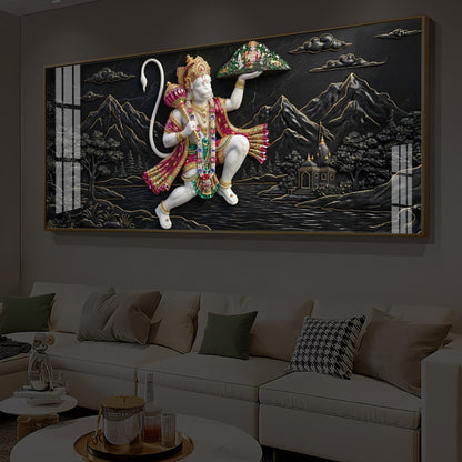 Lord Hanuman Carrying Sanjeevani Mountain Modern Luxury Backlight Horizontal Wall Art