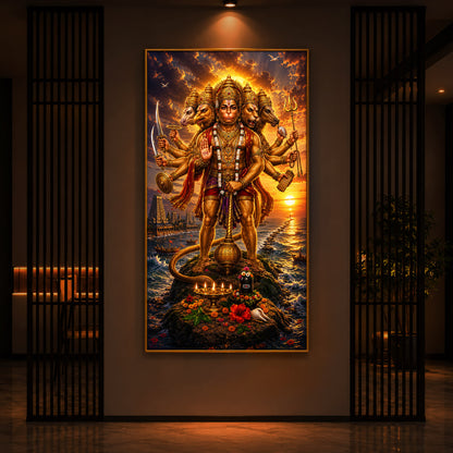 Powerful Panchmukhi Hanuman Ji Modern Luxury Backlight Vertical Wall Art