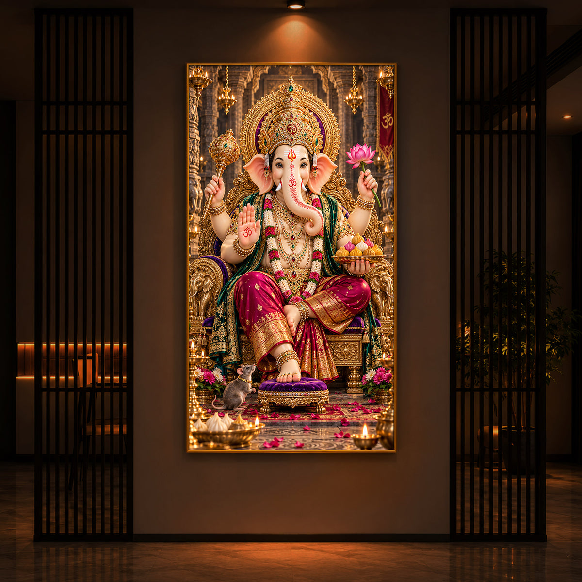 Ganapati Bappa Golden Throne Modern Luxury Backlight Vertical Wall Art