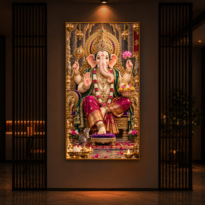 Ganapati Bappa Golden Throne Modern Luxury Backlight Vertical Wall Art