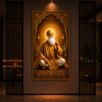 Divine Guru Nanak Dev Ji Golden Attire Modern Luxury Backlight Vertical Wall Art