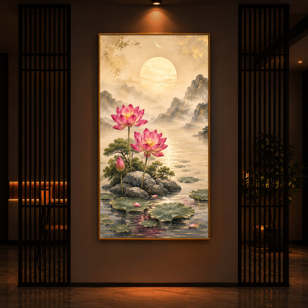 Serene Pink Lotus Landscape Modern Luxury Backlight Vertical Wall Art