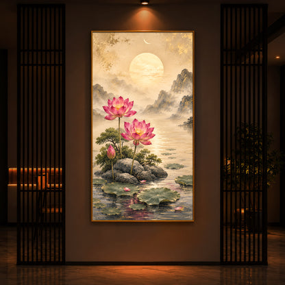 Serene Pink Lotus Landscape Modern Luxury Backlight Vertical Wall Art