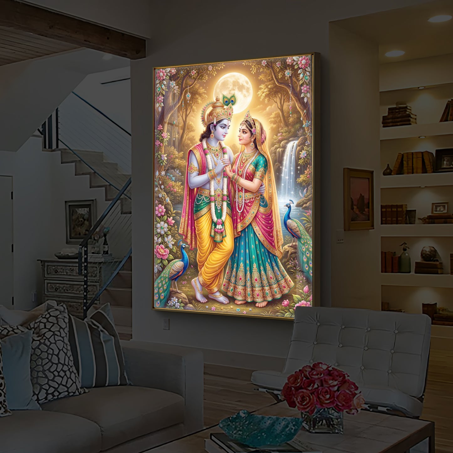 Radha Krishna in Vrindavan Garden Modern Luxury Backlight Vertical Wall Art