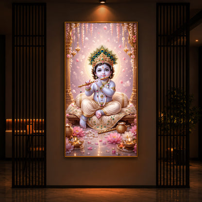 Little Laddu Gopal Playing Flute Modern Luxury Backlight Vertical Wall Art