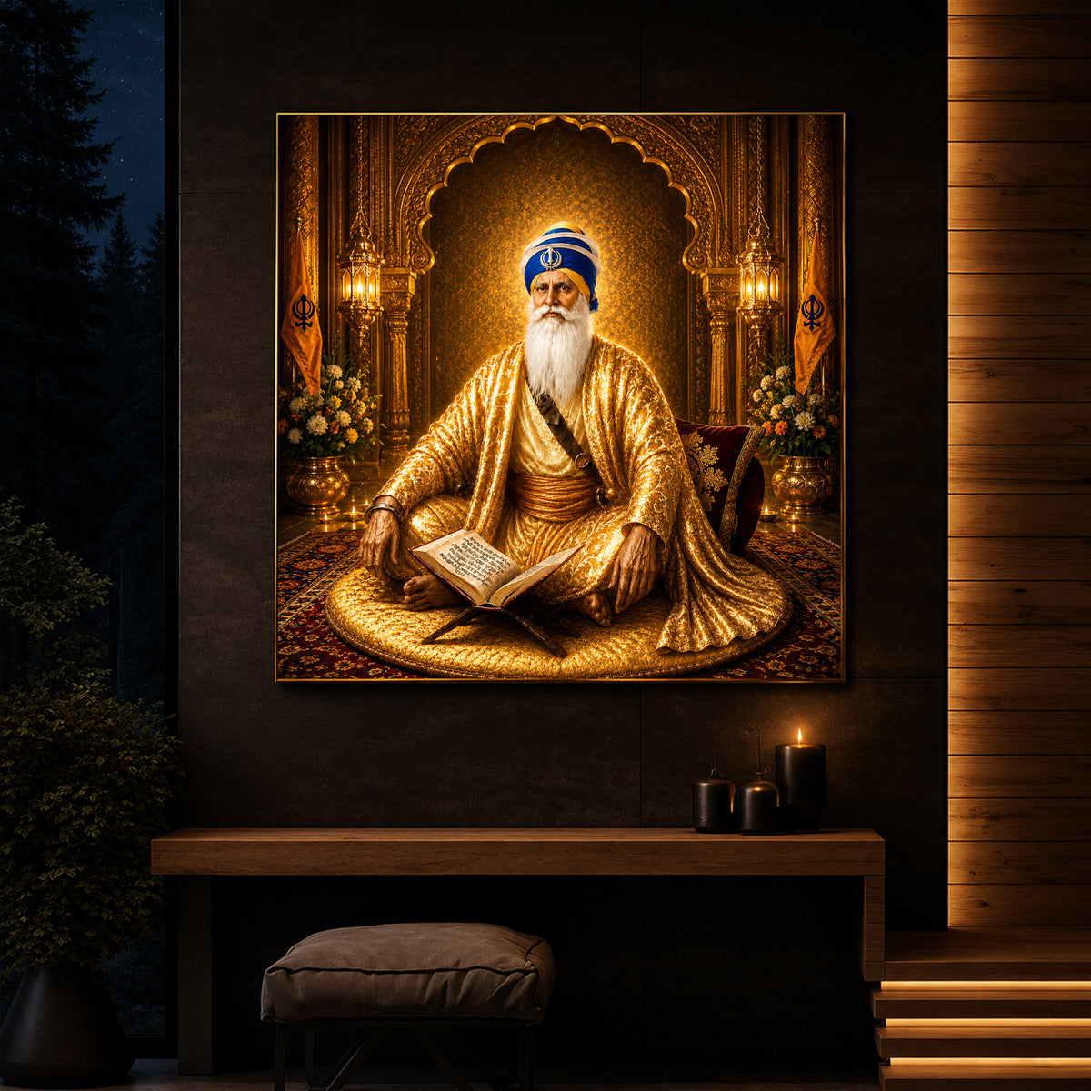 Guru Nanak Dev Ji In Golden Attire Modern Luxury Backlight Square Wall Art
