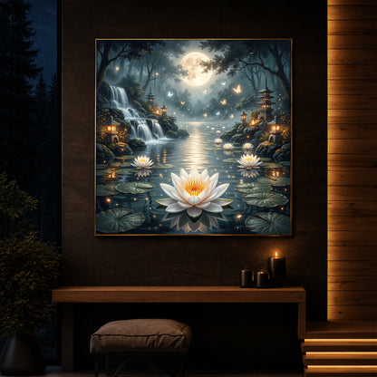 Moonlit Zen Lotus Pond Modern Luxury Backlight Square Wall Art