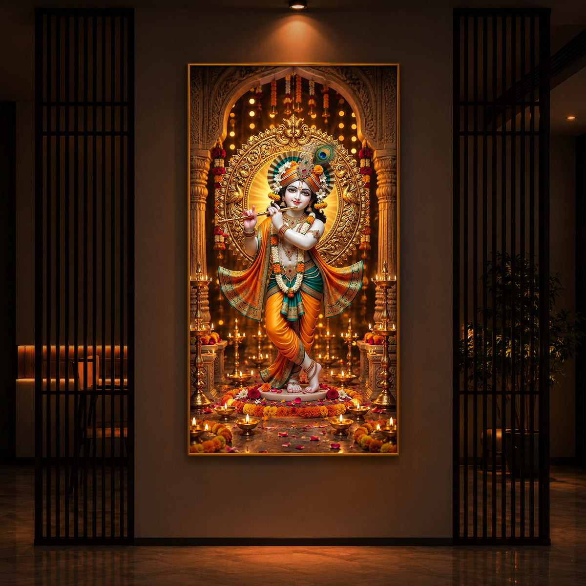Lord Krishna Playing Flute In Standing Pose Modern Luxury Backlight Vertical Wall Art
