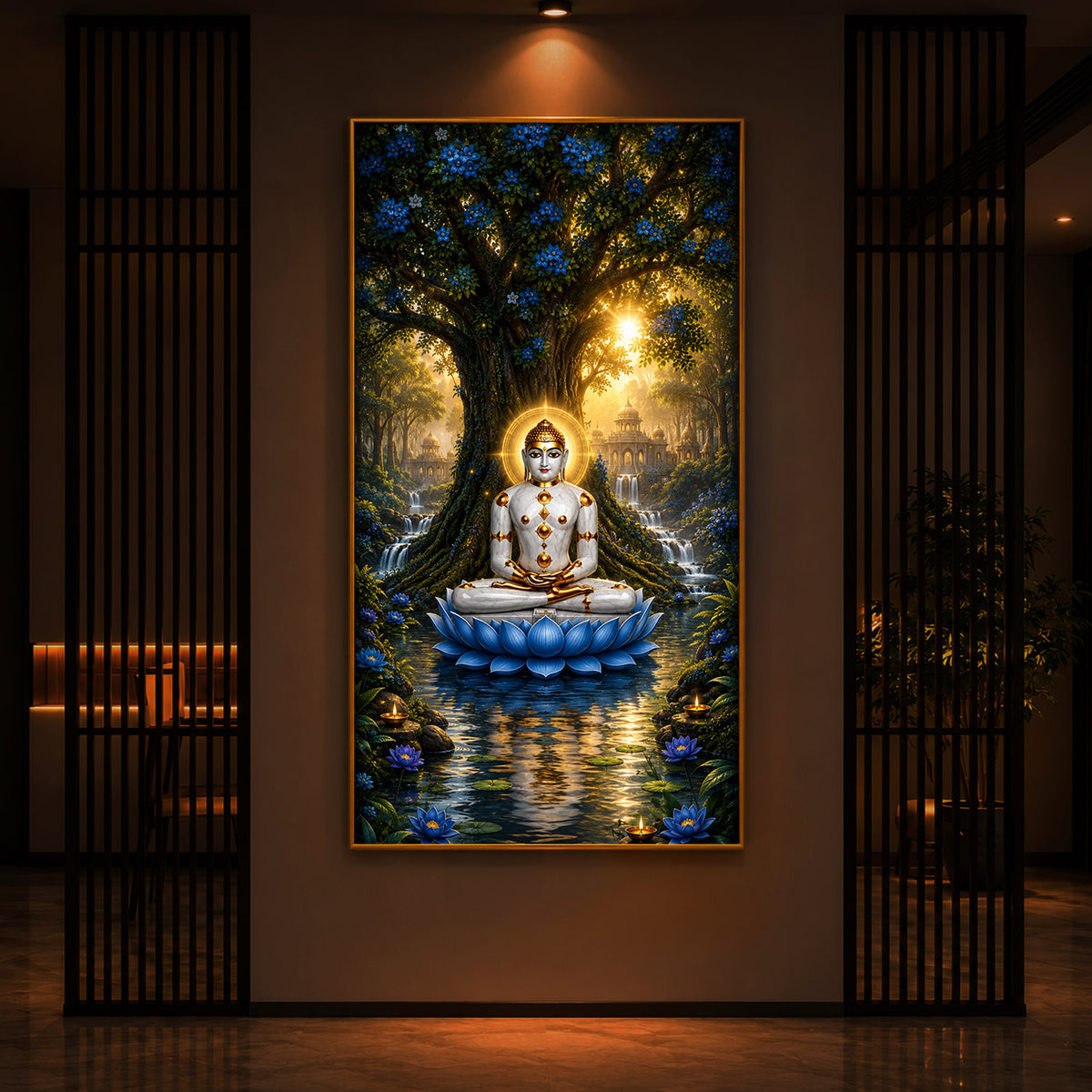 Divine Bhagwan Mahavir On Blue Lotus Modern Luxury Backlight Vertical Wall Art