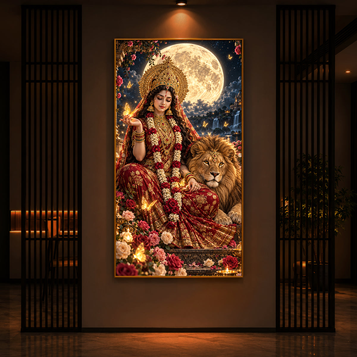 Maa Durga Moonlit Modern Luxury Backlight Vertical Wall Art