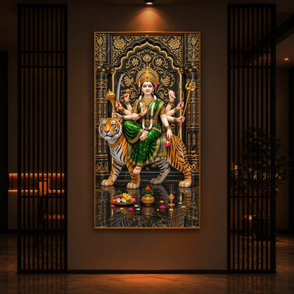 Maa Durga In Green Saree Modern Luxury Backlight Vertical Wall Art