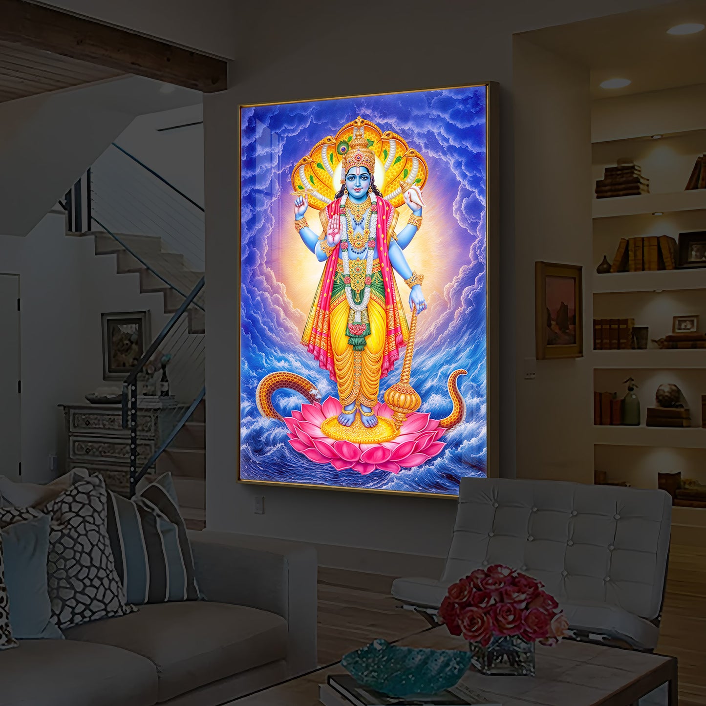 Sri Maha Vishnu Modern Luxury Backlight Vertical Wall Art
