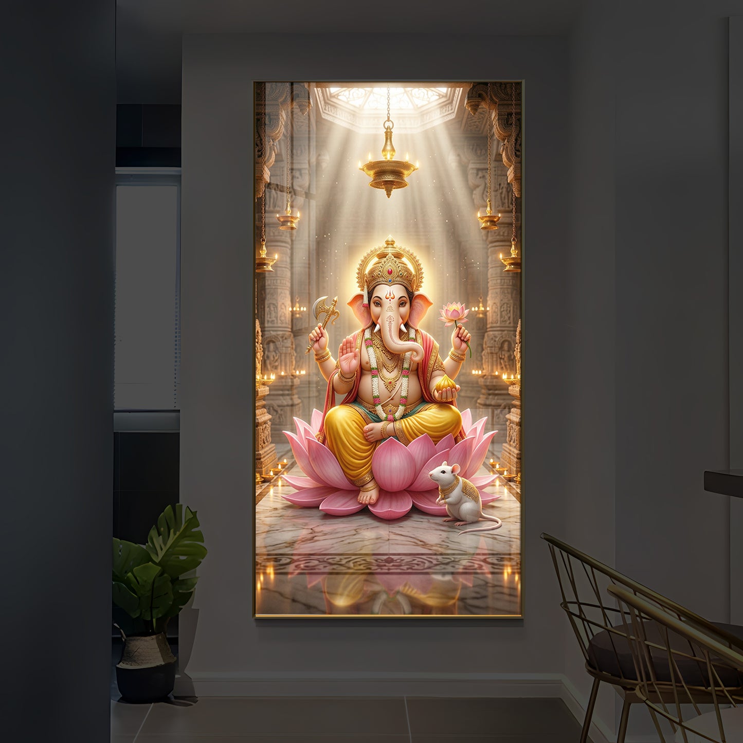 Lord Ganesh Ji On Lotus Modern Luxury Backlight Vertical Wall Art