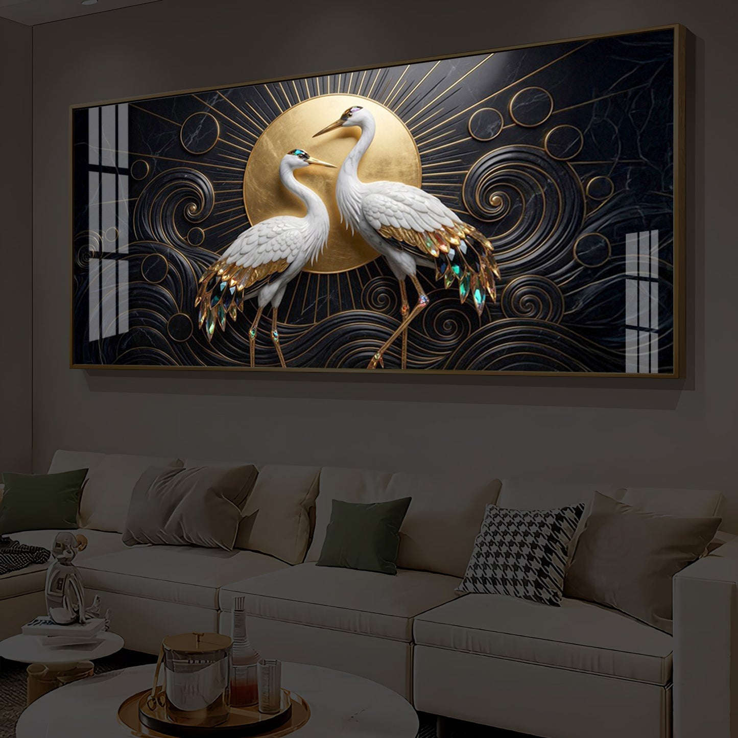 White Crane Modern Luxury Backlight Horizontal Wall Art