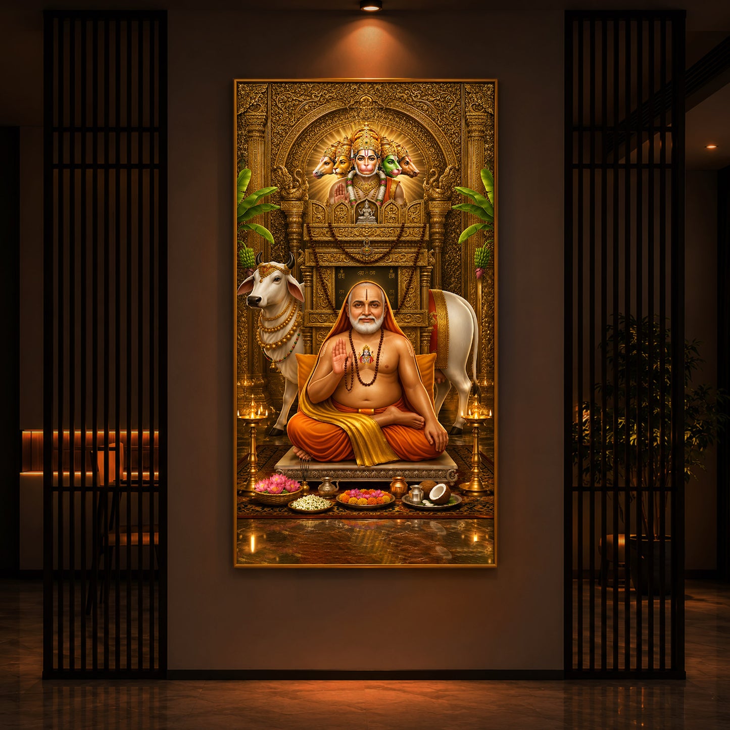 Sri Raghavendra Swamy With Cow Modern Luxury Backlight Vertical Wall Art