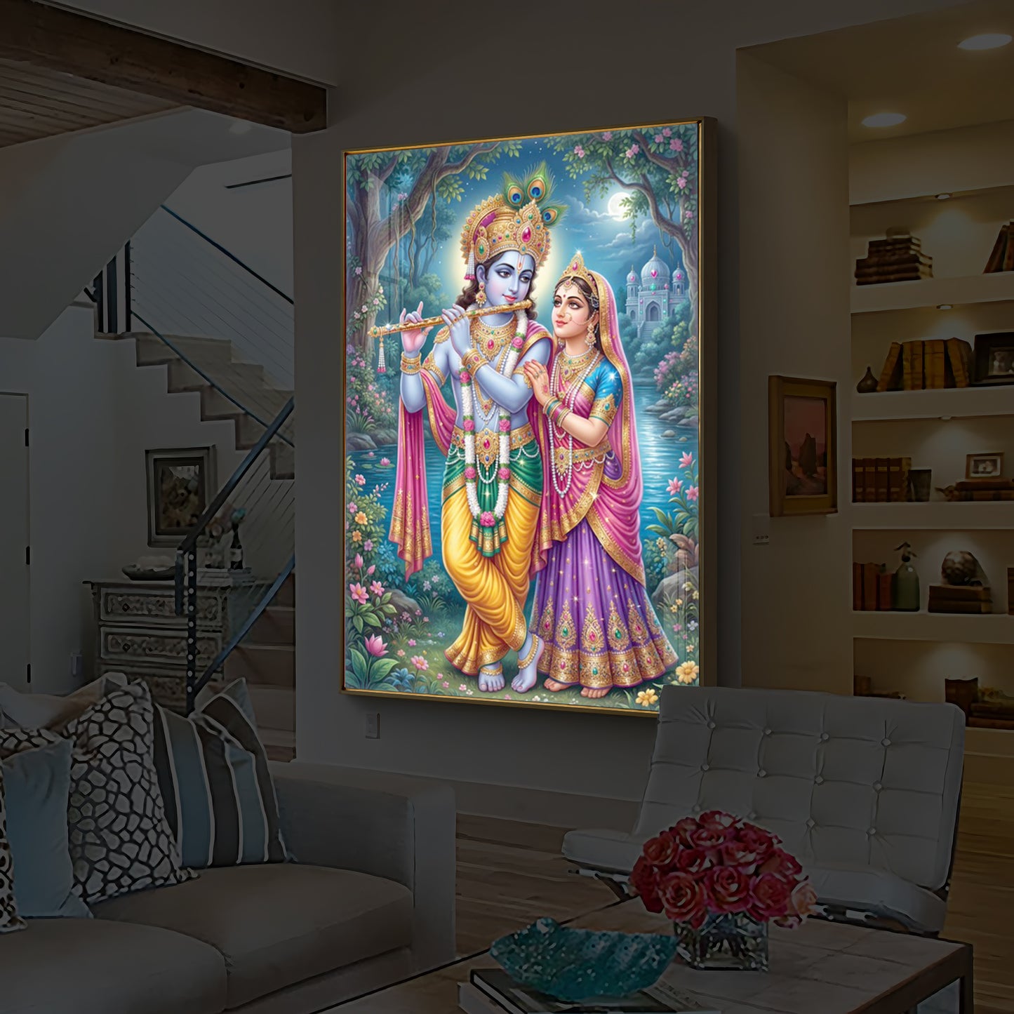 Hindu Deities Radha and Krishna Modern Luxury Backlight Vertical Wall Art