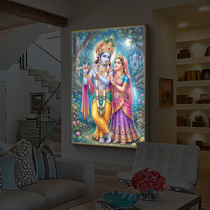 Hindu Deities Radha and Krishna Modern Luxury Backlight Vertical Wall Art